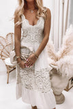White Lace Deep V Wedding Guest Sleeveless Maxi Dress