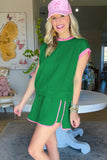 Green Textured Contrast Trim Tee & Drawstring Shorts Set (EST SHIP 4/15/24)