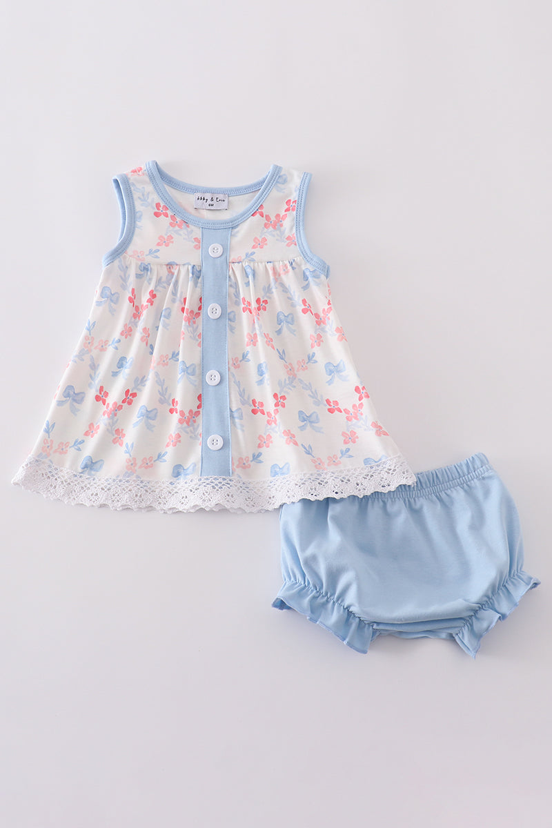 Blue bow lattice print bloomer set