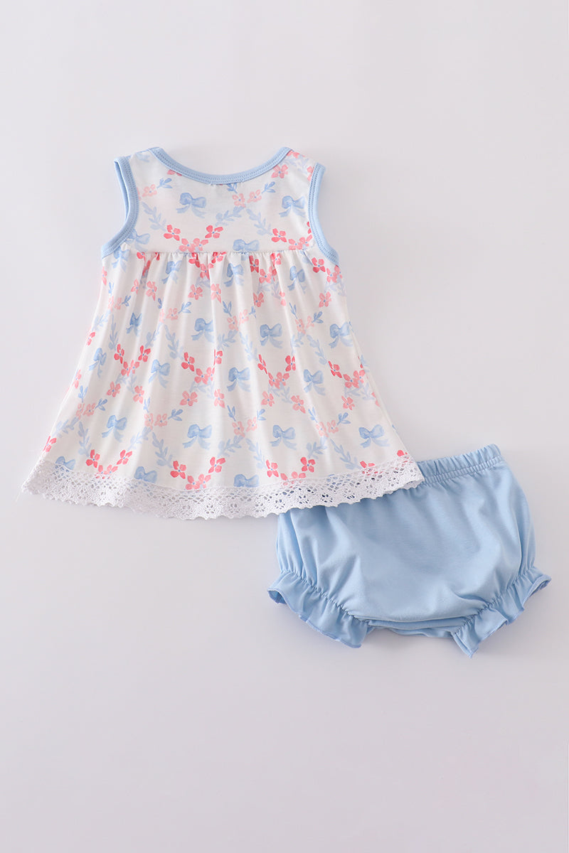 Blue bow lattice print bloomer set