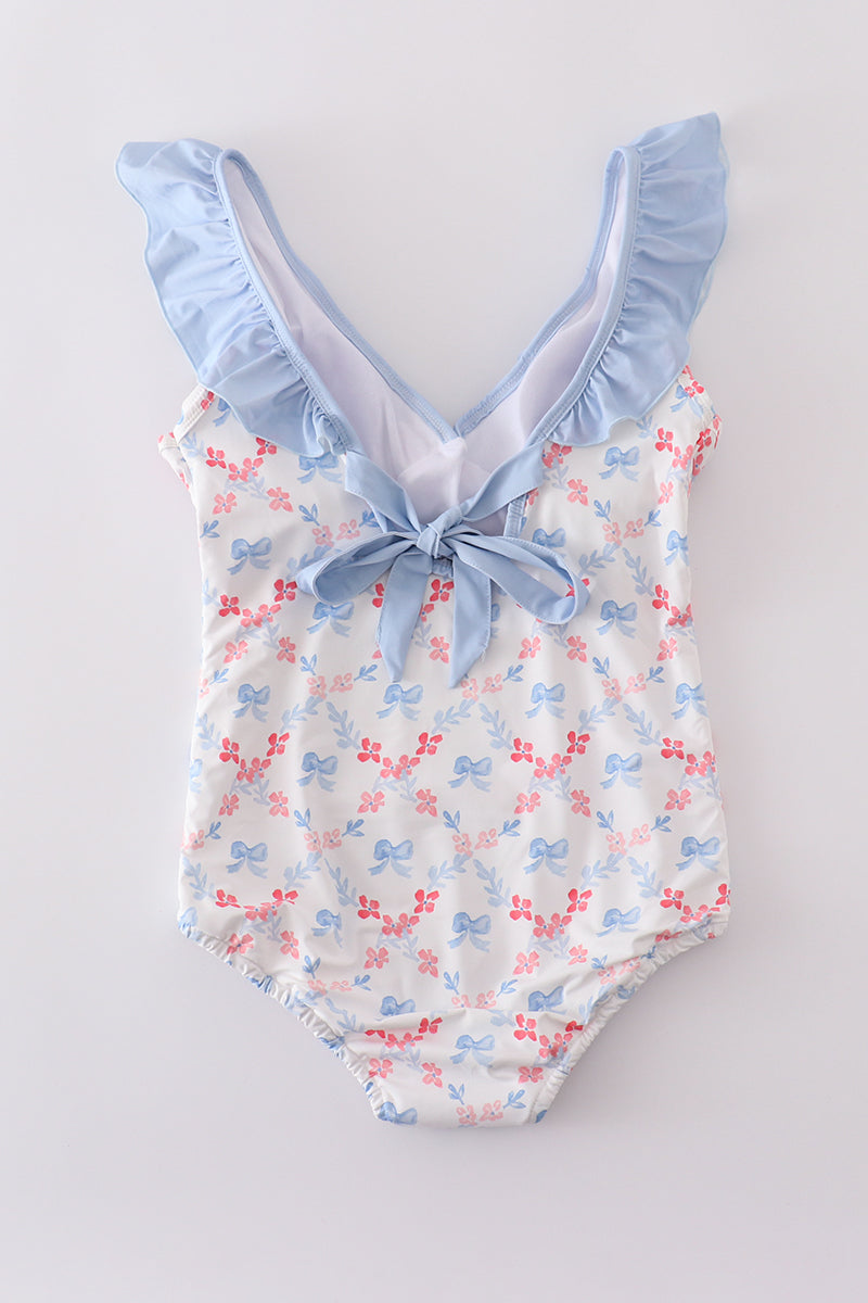 Blue bow lattice print mom swimsuit
