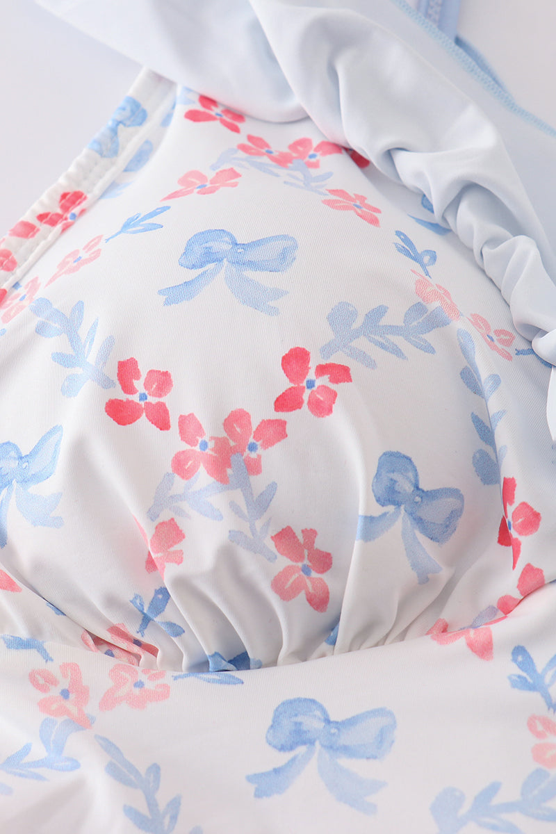 Blue bow lattice print mom swimsuit
