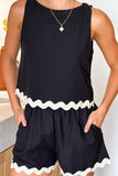 Estimated Shipping Date：04/27/2024 Contrast Trim Sleeveless Top and Elastic Waist Shorts Set