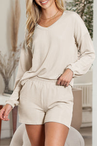 Beige Corded V Neck Slouchy Top & Pocketed Shorts Set