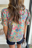 Pink Blooming Print Button Frill Neck Puff Sleeve Blouse (EST SHIP 5/8/24)