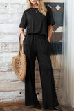Black Solid Color T-Shirt and Wide Leg Pants Set