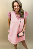 Light Pink Textured Puff Sleeve Ruffled V Neck Mini Dress