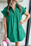 Estimated Shipping Date：05/08/2024 Green Shirred Ruffle Sleeve Button Up Shirt Dress