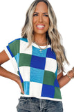 Estimated Shipping Date：05/02/2024 Blue Checkered Color Block Cap Sleeve Knitted Top
