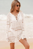 White Lace Up V Neck Hollow Out Knitted Long Sleeve Cover Up