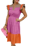 Estimated Shipping Date：05/12/2024 Color Block Frill Notched Neck Ruffle Sleeve Tiered Dress