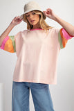 Estimated Shipping Date：04/30/2024 Color Block Sleeve Round Neck Oversize Top