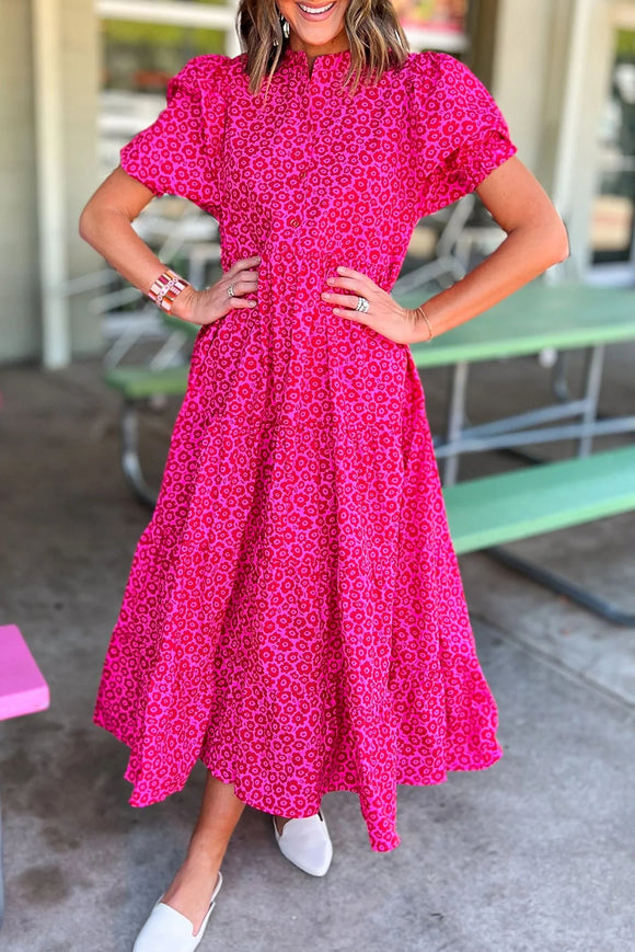 Rose Red Mock Neck Puff Sleeve Floral Tiered Maxi Dress