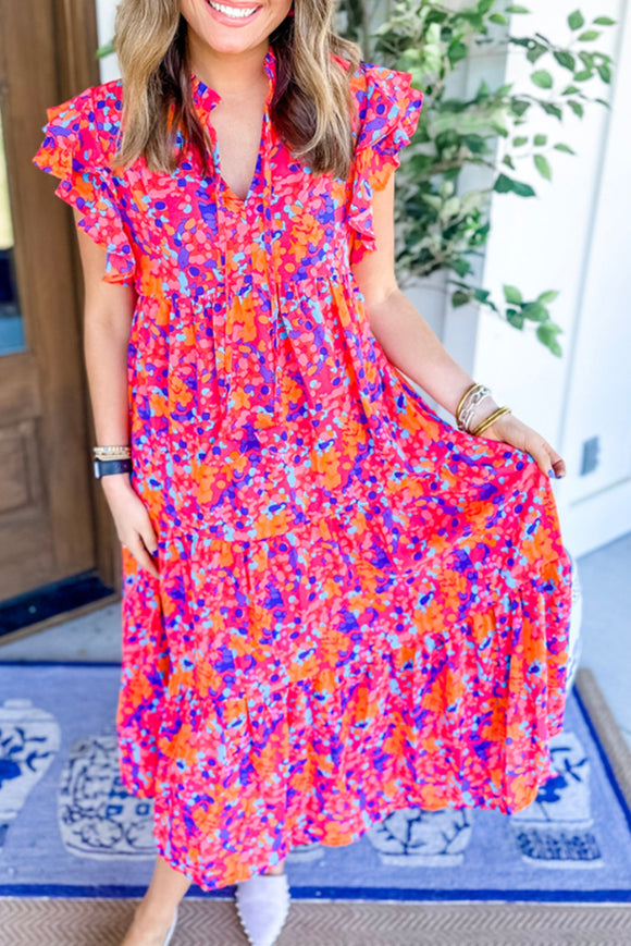 Multicolour Boho Abstract Print Ruffle Shoulder Tiered Midi Dress