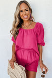 Bright Pink Textured Square Neck Puff Sleeve and Shorts Set
