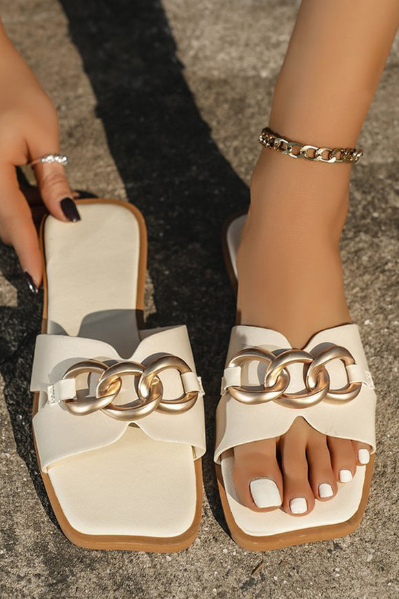 White Metal Buckle Chained Square Open Toe Flat Slippers