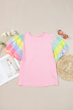 Pink Sequin Colorblock Striped Puff Sleeve T Shirt