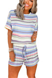 Blue Striped Print Tee & Drawstring Shorts Loungewear Set