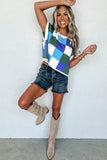 Estimated Shipping Date：05/02/2024 Blue Checkered Color Block Cap Sleeve Knitted Top