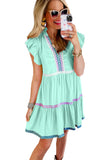 Estimated Shipping Date：04/30/2024 Green Flutter Sleeve V Neck Ric Rac Tiered Dress