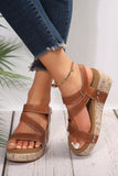 Chestnut Hollow Out Velcro Leather Wedge Sandals