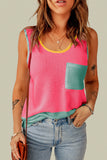 Estimated Shipping Date：05/14/2024 Pink Color Block Patched Pocket Waffle Knit Tank Top