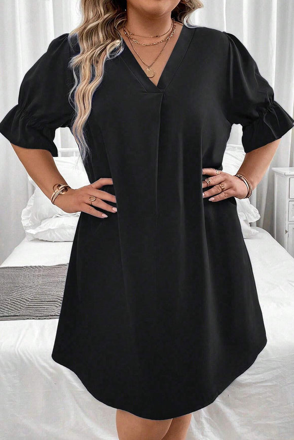 Black Ruffled Puff Sleeve V Neck Plus Size Mini Dress.Estimated Shipping Date：03/22/2024