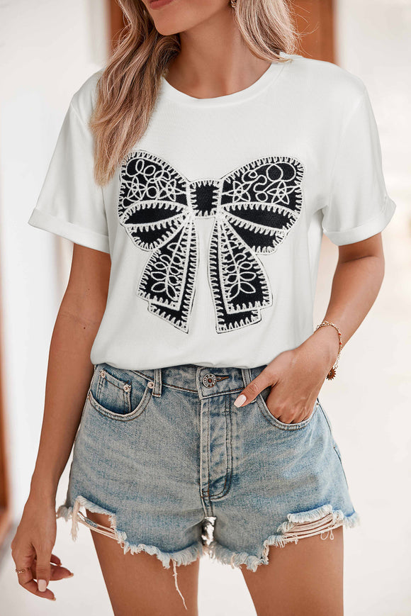 White Geometric Bow Embroidered Graphic Round Neck T Shirt