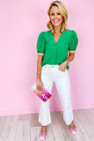 Estimated Shipping Date：05/04/2024 Green Colorful Stripe Trim V Neck Puff Sleeve Blouse