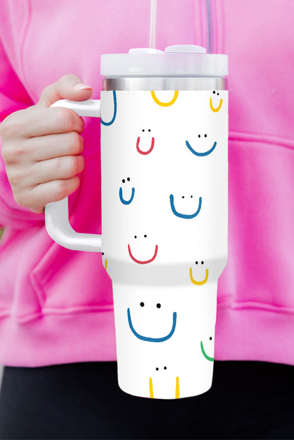 White Smiling Face Print Handle Vacuum Cup 1200ml