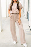 Carbon Grey Corded Exposed Seam T-shirt and Wide Leg Pants Set