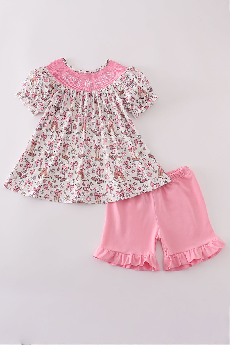 Pink let's go girls boots bow floral smocked shorts set