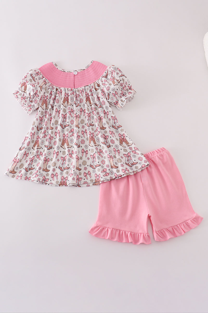Pink let's go girls boots bow floral smocked shorts set