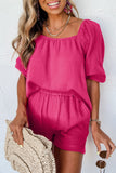 Bright Pink Textured Square Neck Puff Sleeve and Shorts Set
