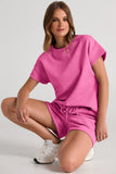 Strawberry Pink 2Pcs Solid Textured Drawstring Shorts Set