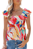 Multicolor Abstract Print Ruffled Sleeveless Square Neck Shirt
