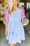 Estimated Shipping Date：05/09/2024 Blue Stripe Floral Puff Sleeve Ruffle Tiered Dress