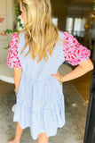 Estimated Shipping Date：05/09/2024 Blue Stripe Floral Puff Sleeve Ruffle Tiered Dress