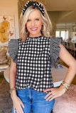 Estimated Shipping Date：05/05/2024 Checkered Ruffled Trim Frilled Neck Blouse