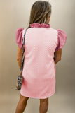 Light Pink Textured Puff Sleeve Ruffled V Neck Mini Dress