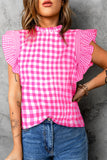 Estimated Shipping Date：05/05/2024 Checkered Ruffled Trim Frilled Neck Blouse