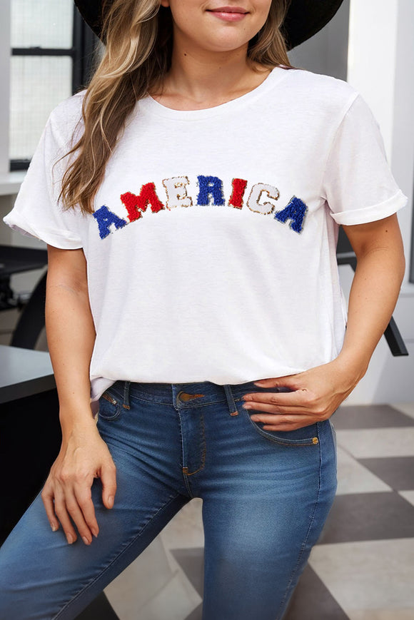 White AMERICA Chenille Letter Graphic Plus Size T Shirt
