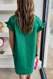 Estimated Shipping Date：05/08/2024 Green Shirred Ruffle Sleeve Button Up Shirt Dress