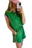 Green Textured Contrast Trim Tee & Drawstring Shorts Set (EST SHIP 4/15/24)