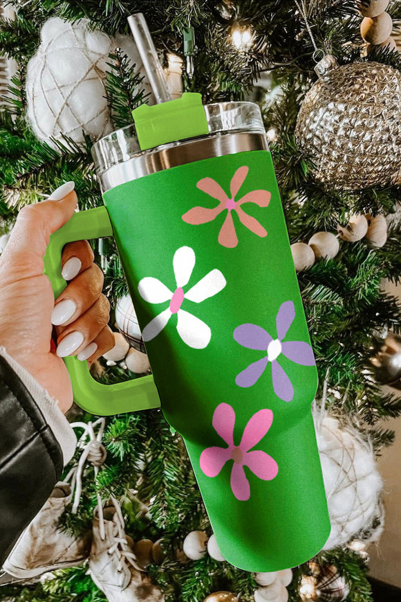 Dark Green Floral Print Stainless Steel Tumbler with Handle 1200ml