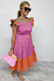 Estimated Shipping Date：05/12/2024 Color Block Frill Notched Neck Ruffle Sleeve Tiered Dress