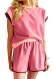 Rose Red Color Block Loose Fit Top and Elastic Waist Shorts Set ( Est. Ship date 5/3/24)
