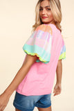 Pink Sequin Colorblock Striped Puff Sleeve T Shirt