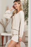 Beige Corded V Neck Slouchy Top & Pocketed Shorts Set