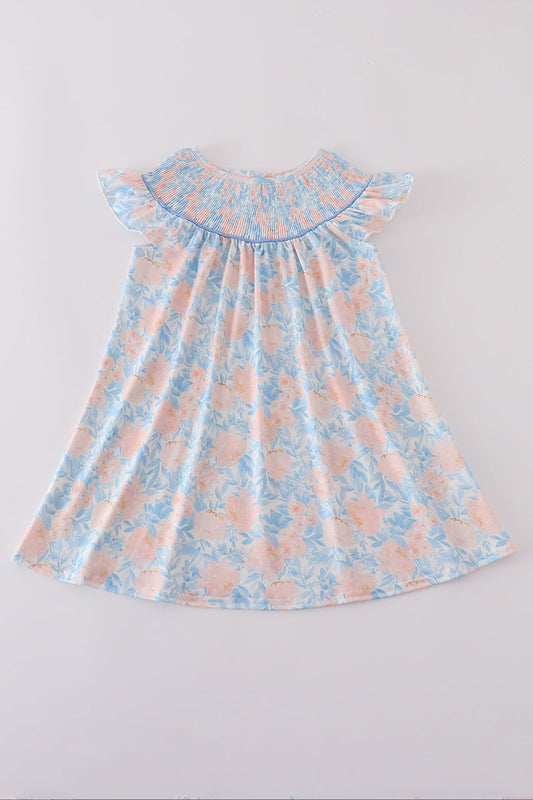 Blue bloom elegance smocked ruffle dress